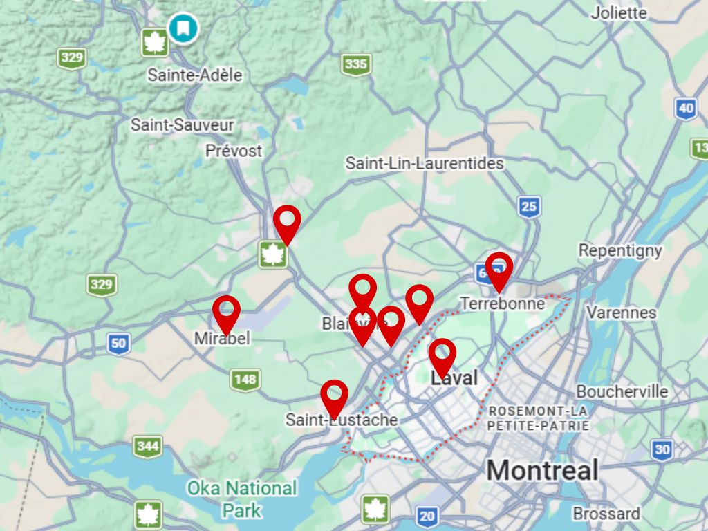 Plomberie RCL service area map - Plumber available in Laval, Rosemère, Boisbriand, Blainville, Mirabel, Saint-Eustache, Terrebonne, Repentigny, Mascouche and throughout Montreal's North Shore